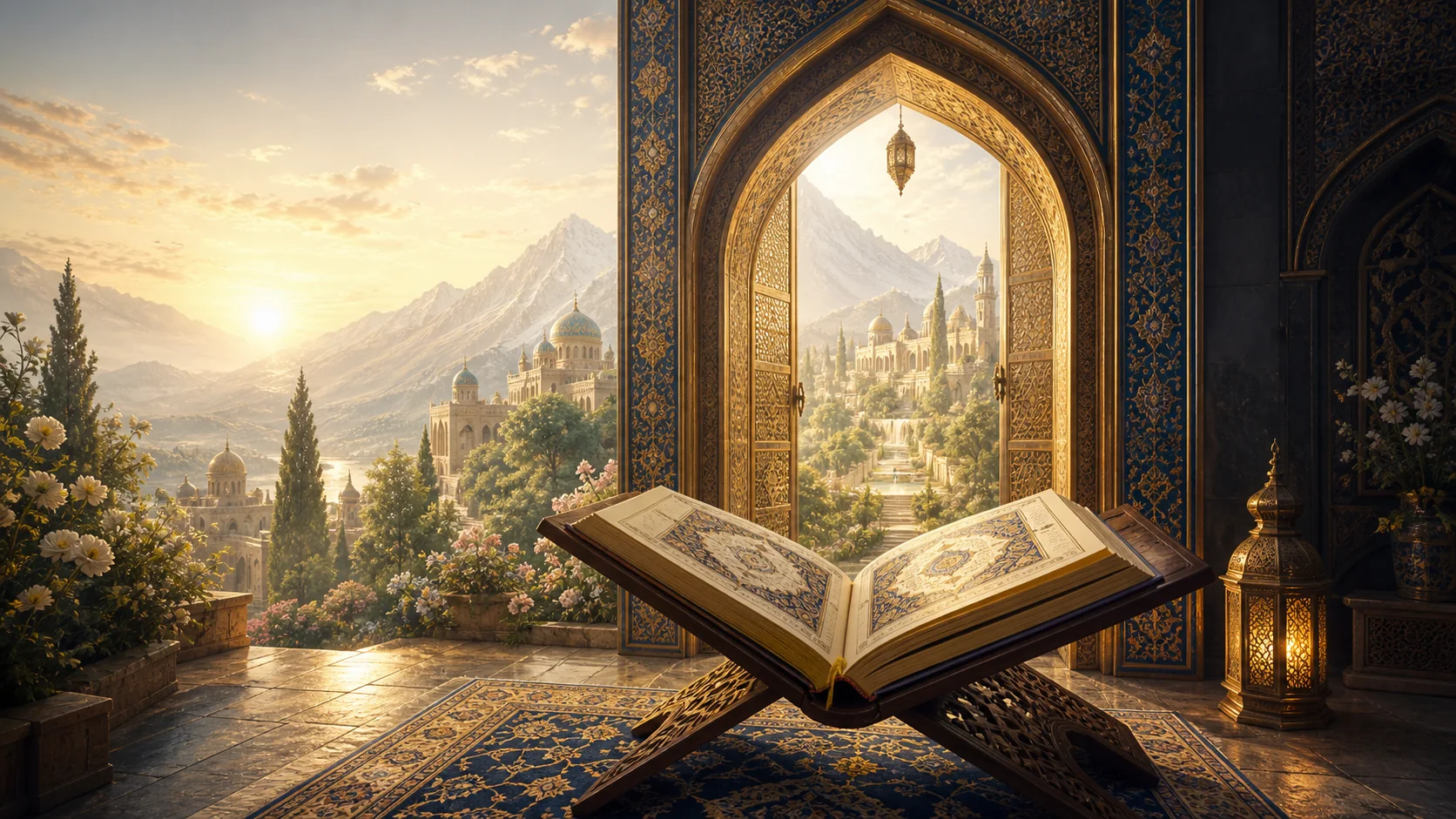 An open Qur'an before an illuminated architectural doorway